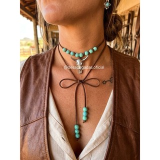 Colar country feminino turquesa courinho boi longhorn moda country feminina western boho colar gravatinha rodeio