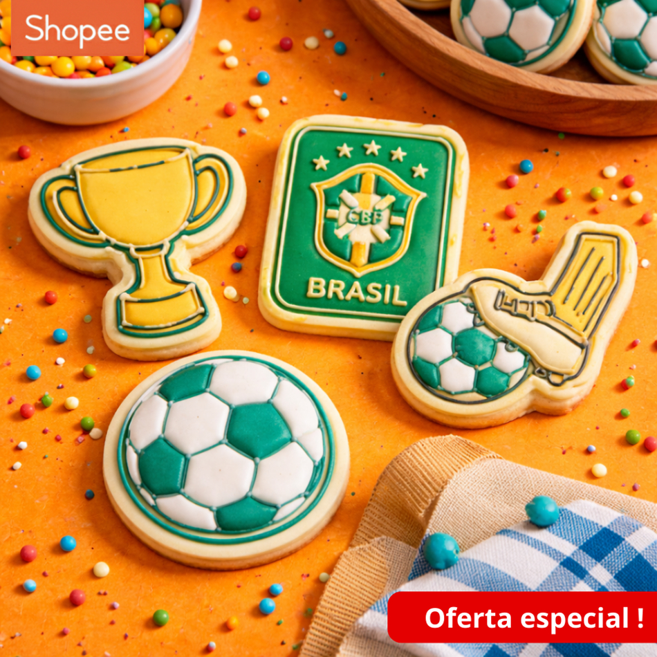 Detalhes do Kit 4 Cortadores de Biscoito Futebol Copa do Mundo Brasil + Carimbo Pasta Biscoito Amanteigados