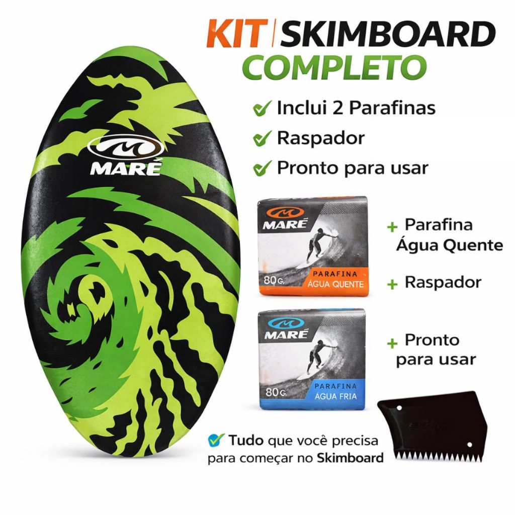 Prancha Skimboard Sonrizal Surf Madeira - Prancha Skimboard Maré Kit 2 Parafina e Raspador