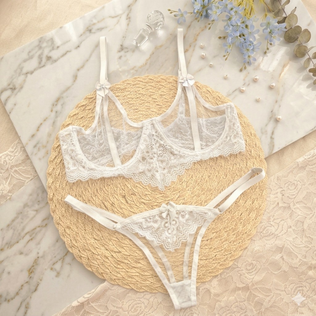 Conjunto Lingerie Sexy Renda e Tule Transparente Sutiã com Aro Sem Bojo Calcinha Regulável Sensual Feminina