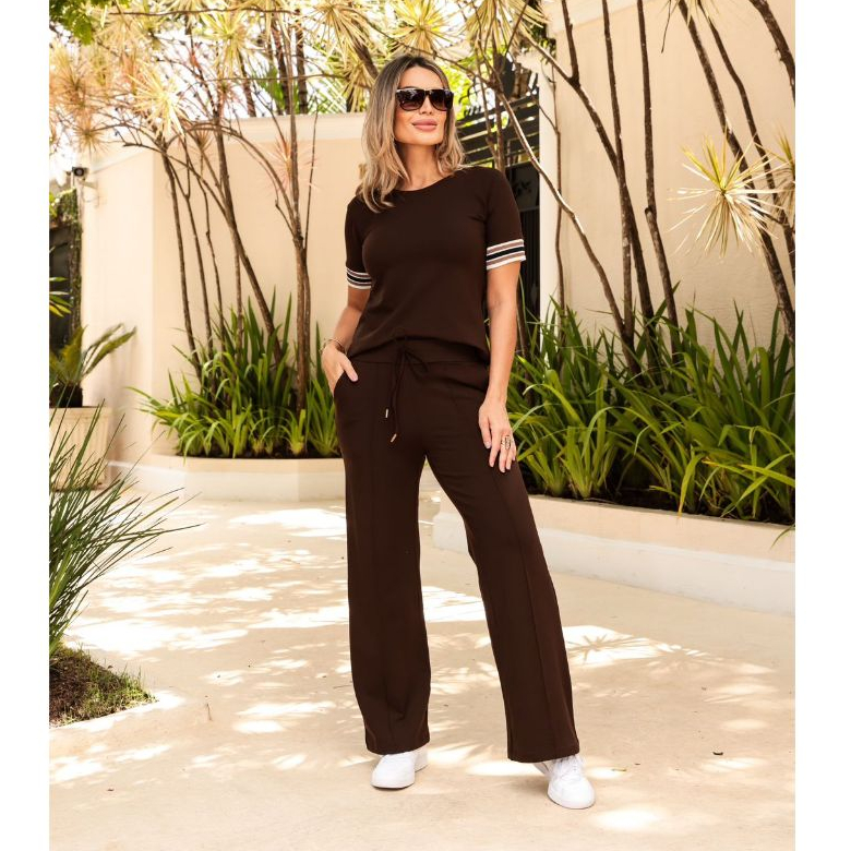 Conjunto Feminino Moletinho Blusa e Calça Pantalona com Bolsos Elegante Confortavel