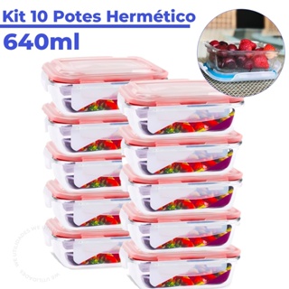 Kit 10 ou 5 Pote de Vidro Hermético  Retangular 640 ml Marmita Microondas em Oferta na Shopee
