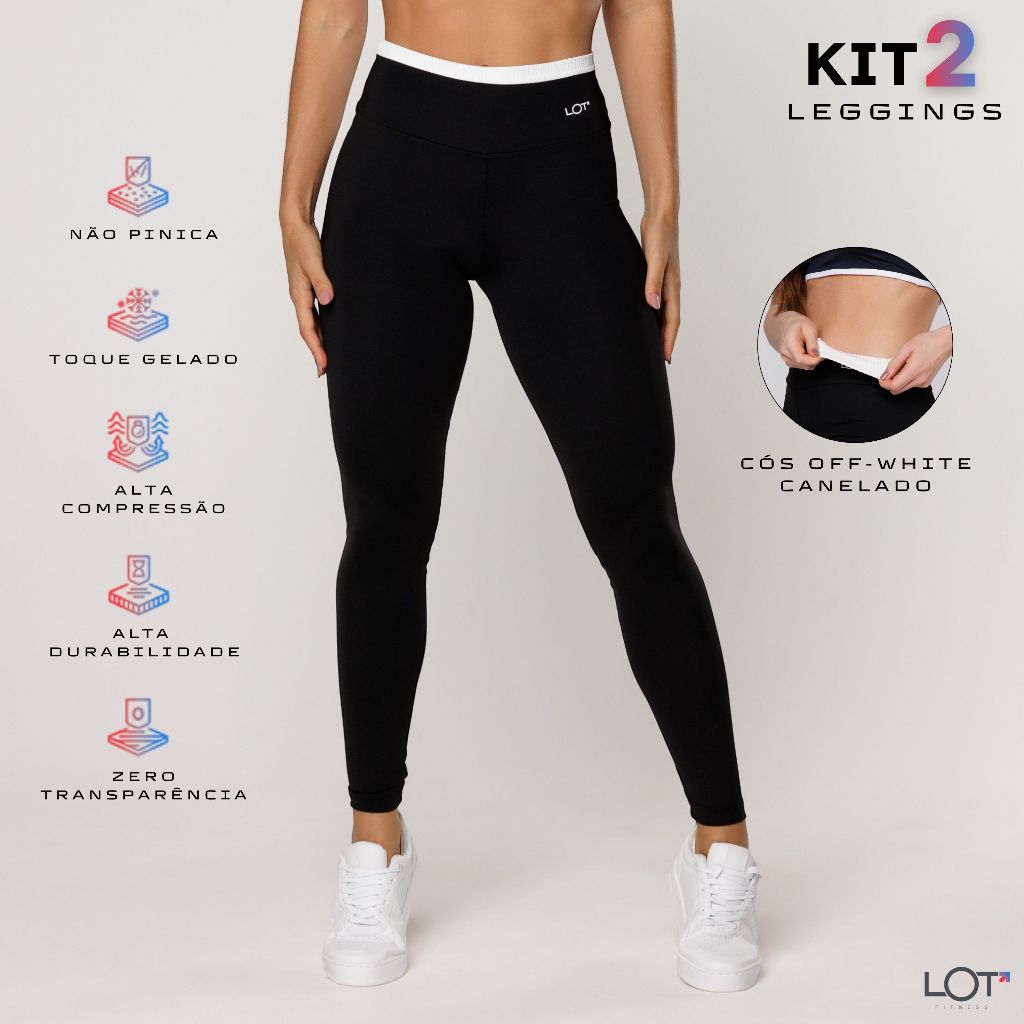 Kit 2 Calça Legging Academia Feminina Preta com cós Off White Fitness Poliamida Corrida Musculação