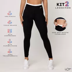 Kit 2 Calça Legging Academia Feminina Preta com cós Off White Fitness Poliamida Corrida Musculação
