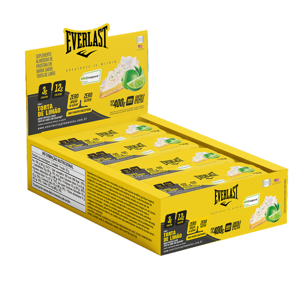 Caixa Barra de Proteína Com Creatina Creapure 50g Sabor Torta de Limão 8Un - Everlast Suplementos