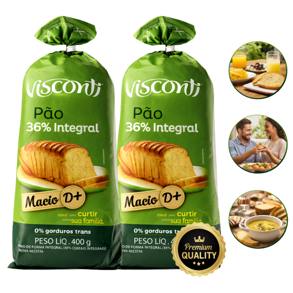 Kit 2 Pão de forma Integral Visconti 36% 400g Macio D+ Sem Gordura Trans em Oferta na Shopee
