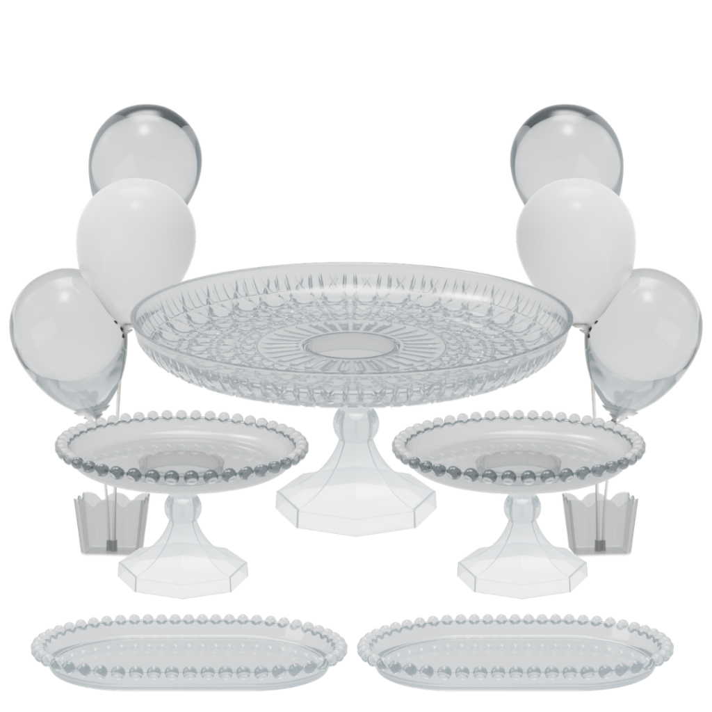 Kit Cristal com 1 Boleira Lapidada 2 Mini Pérola  2 Bandeja Pérola e 2 Suporte Balões c/ 3 Hastes em Oferta na Shopee