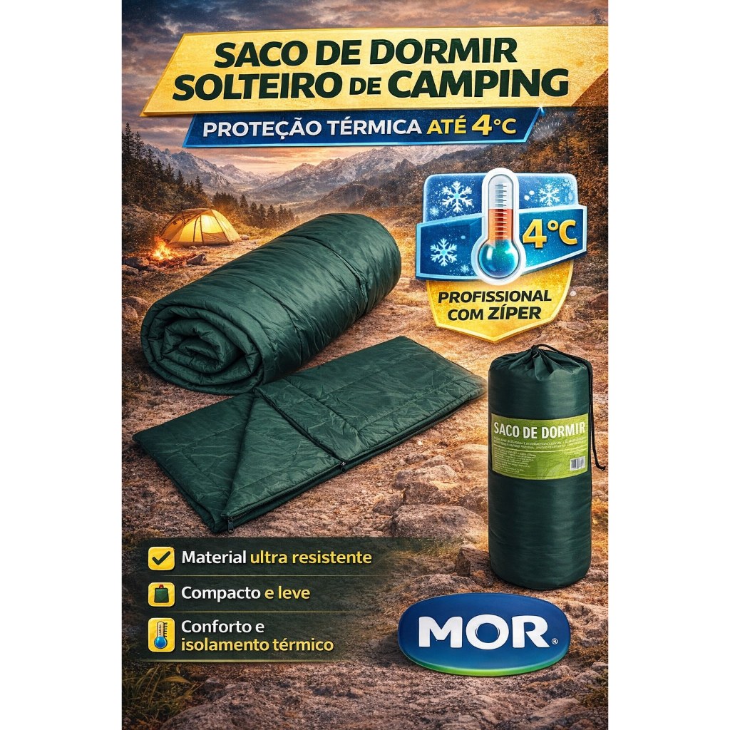 Saco De Dormir Solteiro Camping Proteção Térmica Para Temperaturas De Até 4°c Profissional Com Ziper Mor