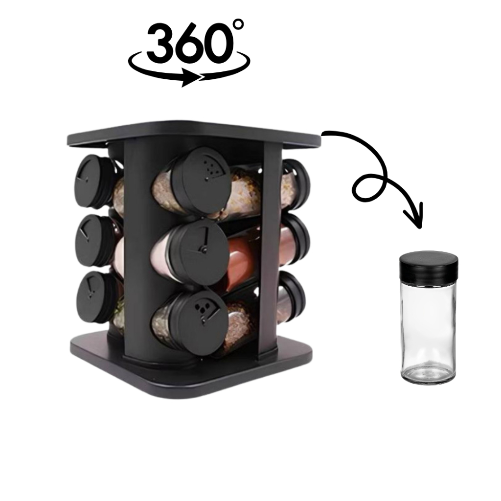Porta temperos giratório 12 potes vidro condimentos base giratória inox preta organizador cozinha em Oferta na Shopee