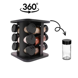 Porta temperos giratório 12 potes vidro condimentos base giratória inox preta organizador cozinha em Oferta na Shopee