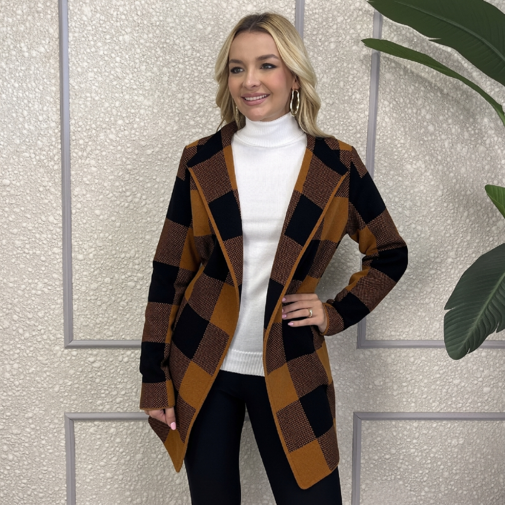 Casaco Xadrez Cardigan Tricot Lã Kimono Frio Manga Longa Moda Inverno Elegante