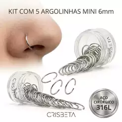 Kit 5 Piercing Argola 6mm Liso Aço Cirúrgico 316L Nariz Helix Tragus Delicado Minimalista