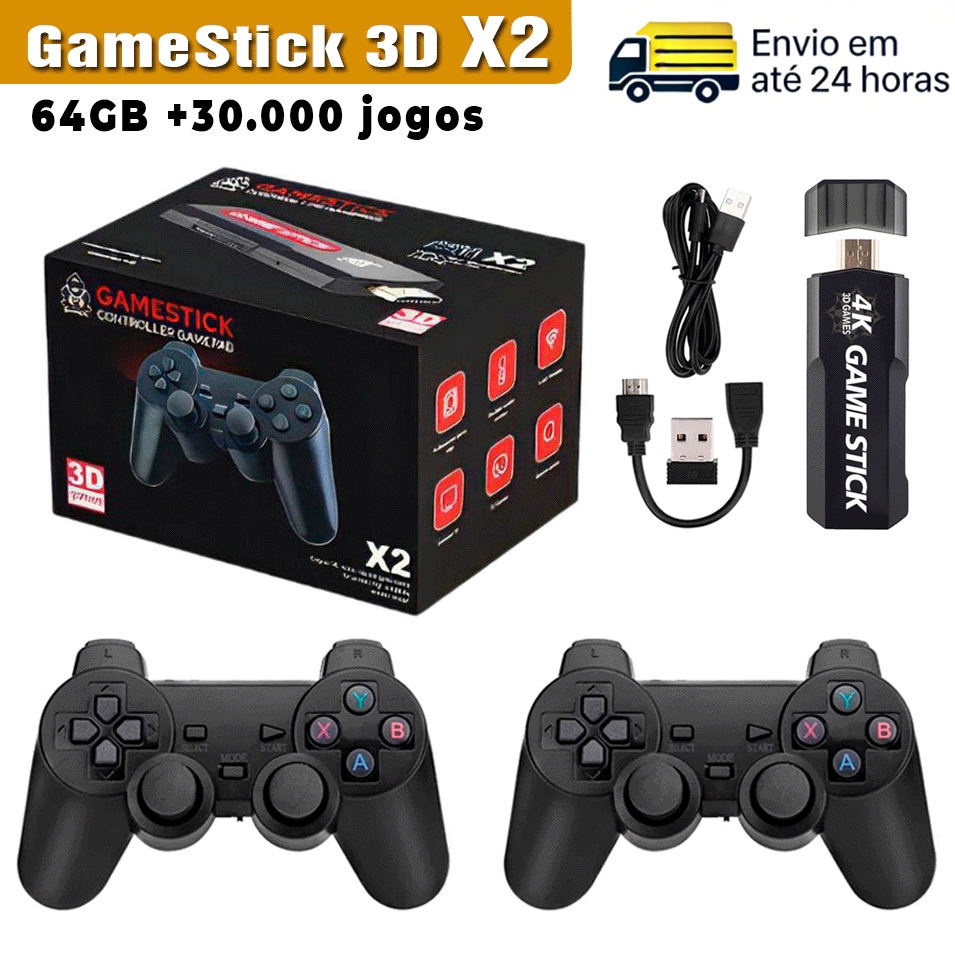 Videogame Retrô Game Stick 4K Ultra HD X2 64GB | 30.000+ Jogos Clássicos | 2 Controles Sem Fio - Pronta Entrega do Brasi