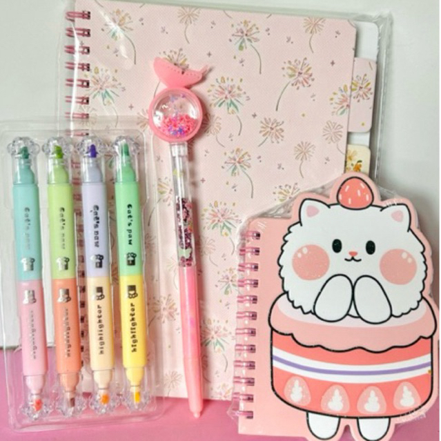 Kit Caderno/Marca texto Caneta fofa Meninas Cute Papelaria kawaii