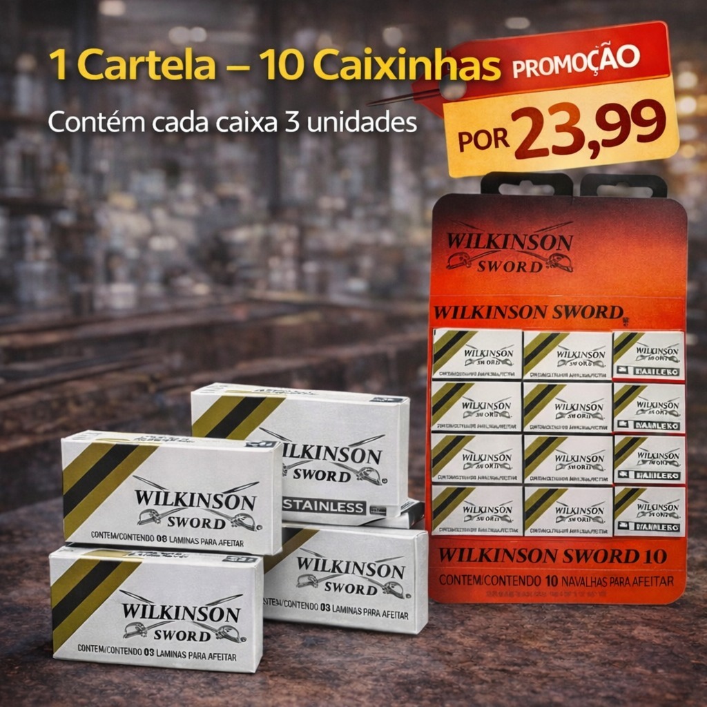 cartela Lâminas Wilkinson Sword Stainless | 10, 20 ou 40 Caixinhas (30, 60 ou 120 Lâminas) | Profissional