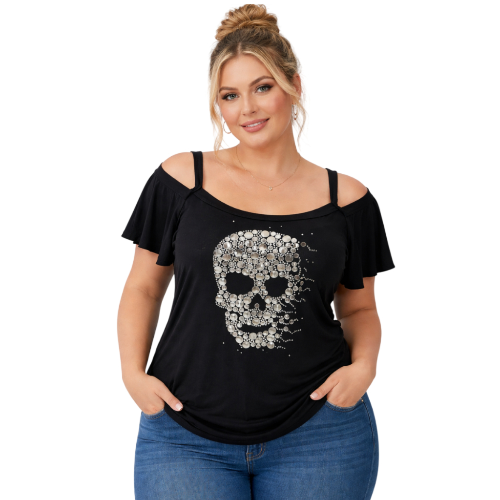 Blusa Feminina Cigana Ombro a Ombro Plus Size 40 ao 64 Malha Viscolycra Pedraria Caveira MALHAS ITA