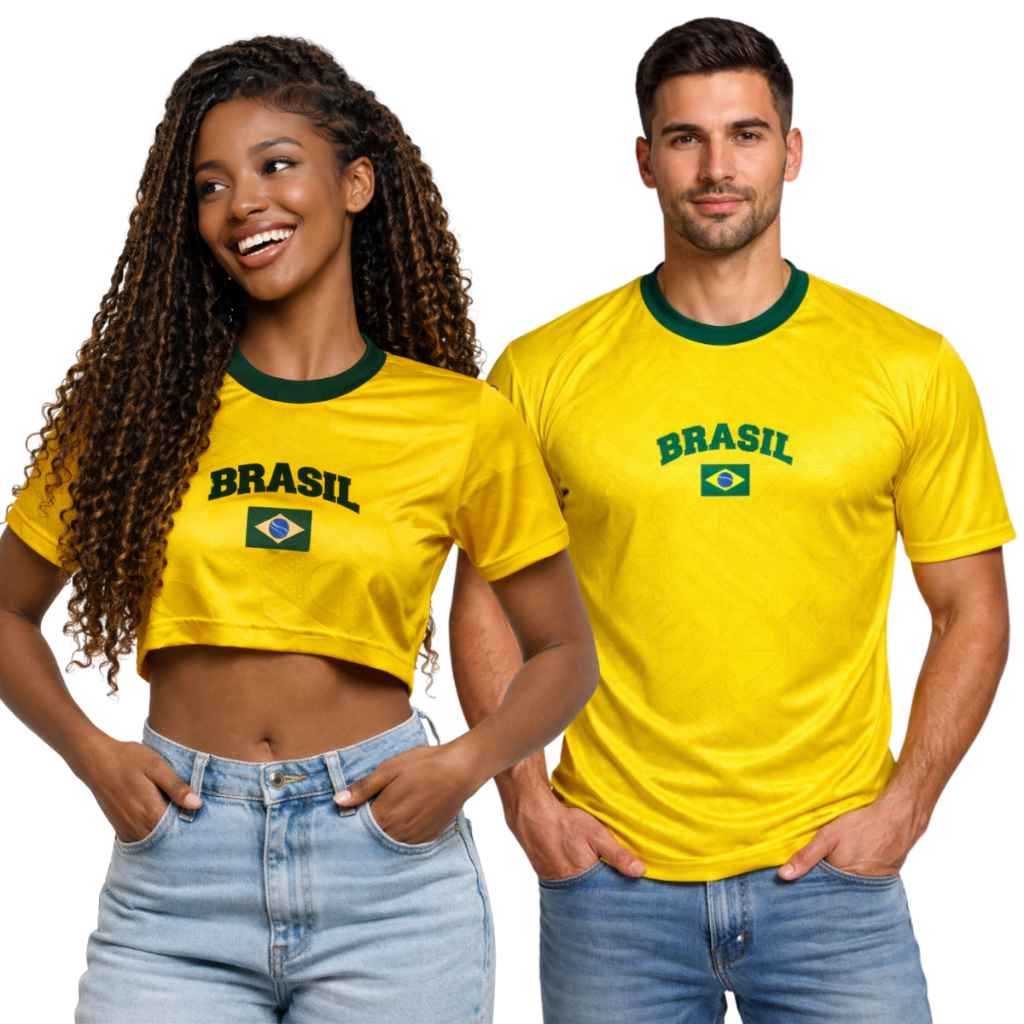 Kit Crooped Baby Look ou Regatinha Feminina do Brasil Casal Brasil e Camiseta Masculina do Brasil
