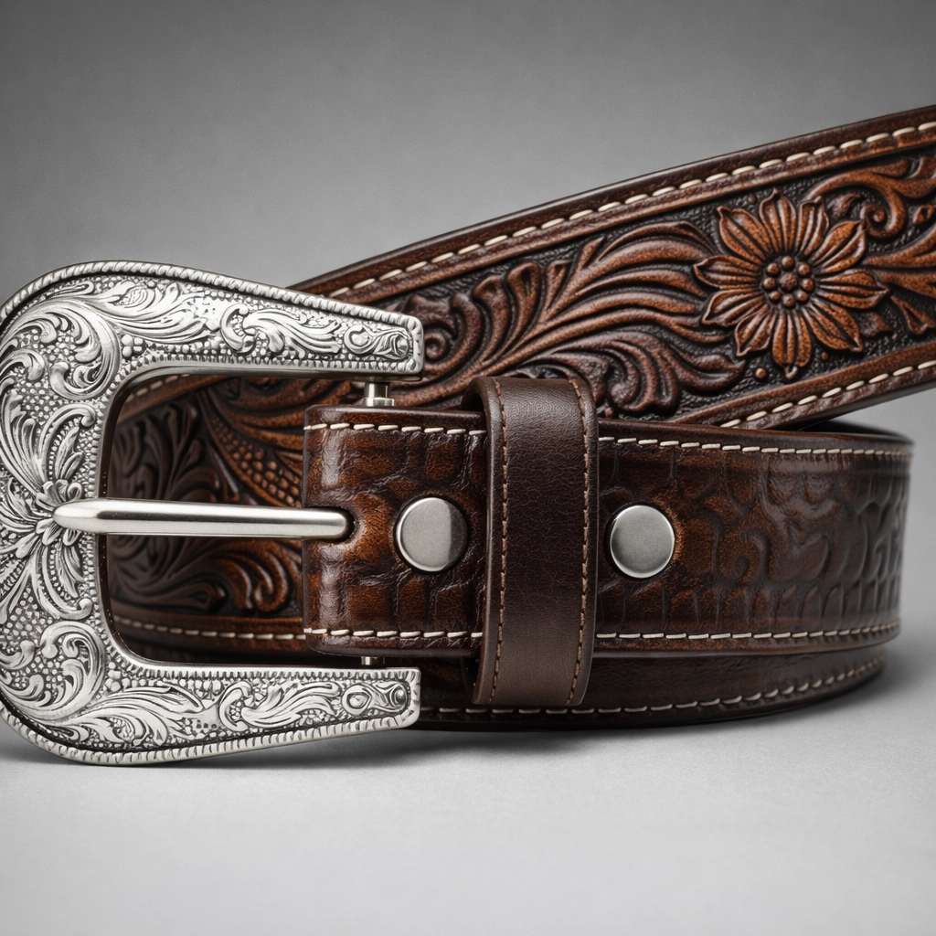 Cinto Cowboy Em Couro Legítimo Entalhado Artesanal Com Botão De Pressão Para Troca De Fivela Top em Oferta na Shopee