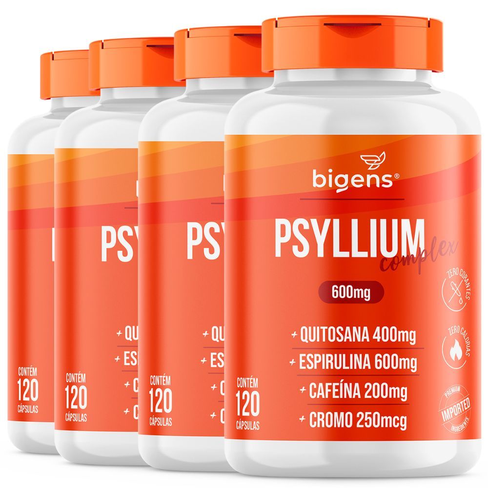 Kit 4x Psyllium Complex Bigens, Fibras + Quitosana + Espirulina + Cafeína Anidra + Cromo, 120 Caps, Bigens em Oferta na Shopee