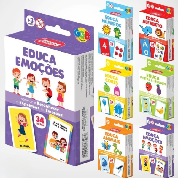 Kit Jogos de Cartas Educativo Pedagógico Emoções Alfabeto Números Frutas Cores e Animais 6 em 1 GGB