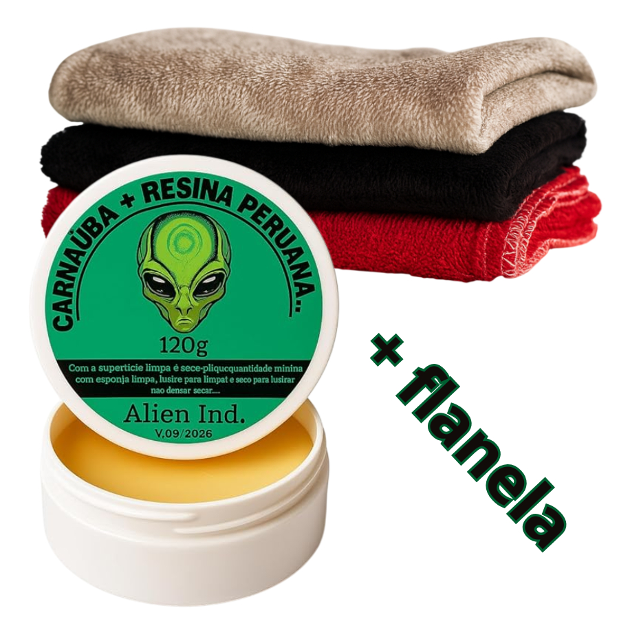 Cera Alien Ind Automotiva Carnaúba Resina Peruana Tira Riscos e Queimados Sol + Flanela Micro Fibra