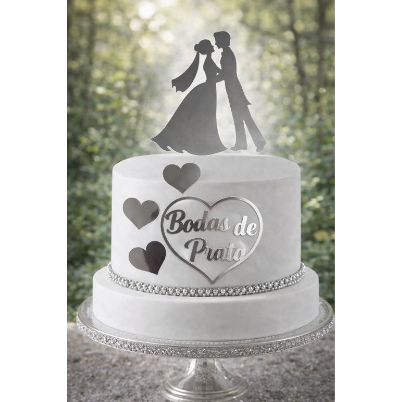 Topo de Bolo Bodas de Prata 25 Anos – Prata Espelhado | Decoração 25 Anos de Casamento