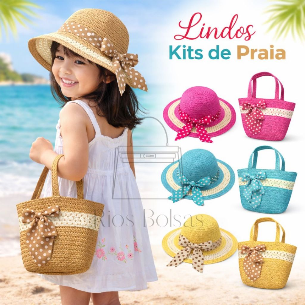 Kit Chapéu + Bolsinha Infantil Menina Moda Praia Piscina em Oferta na Shopee