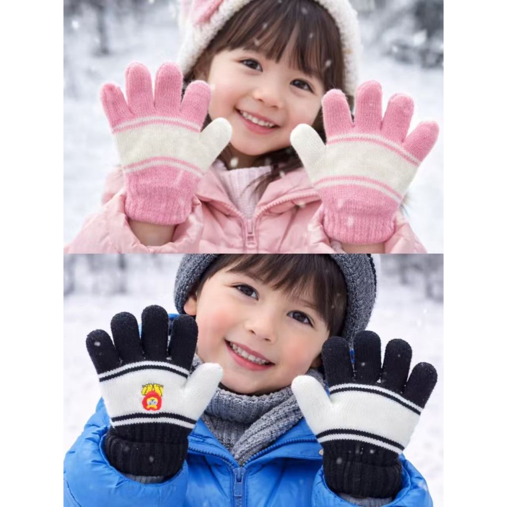 Kit 3 Pares Luvas infantis de tricô quentinhas com cinco dedos padrão listrado outono e inverno para Bebe ate 5 anos