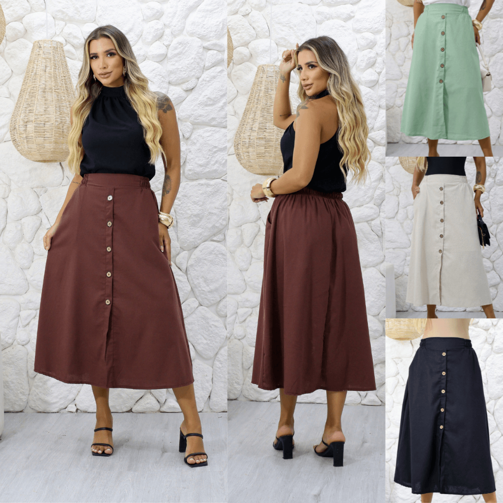 Saia Midi Feminina Linho Forrada Cintura Alta com Botões Elegante em Oferta na Shopee