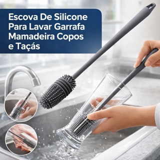 Kit 1 a 4 Escova de Silicone Para Lavar Garrafas Mamadeira Copos Taças Limpa Copos Multiuso em Oferta na Shopee