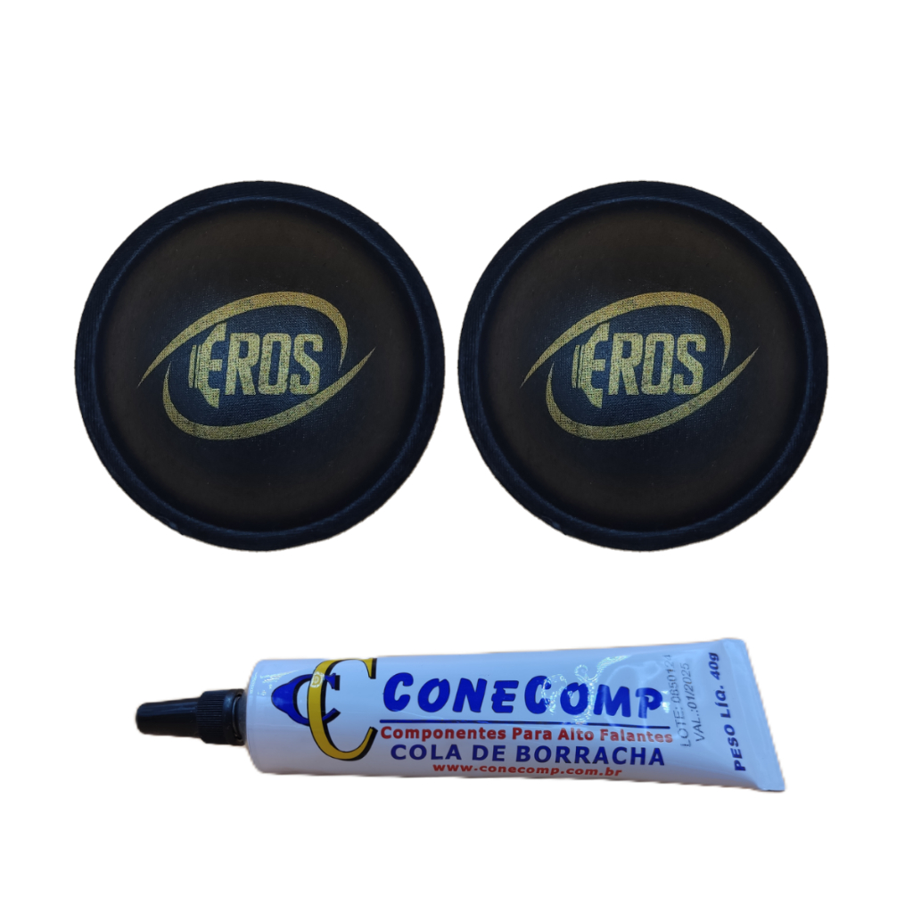 Kit 2 Protetores Calota Eros Tetinha 95mm Tampografado Para Alto Falante + 1 Cola Borracha Preta 40g