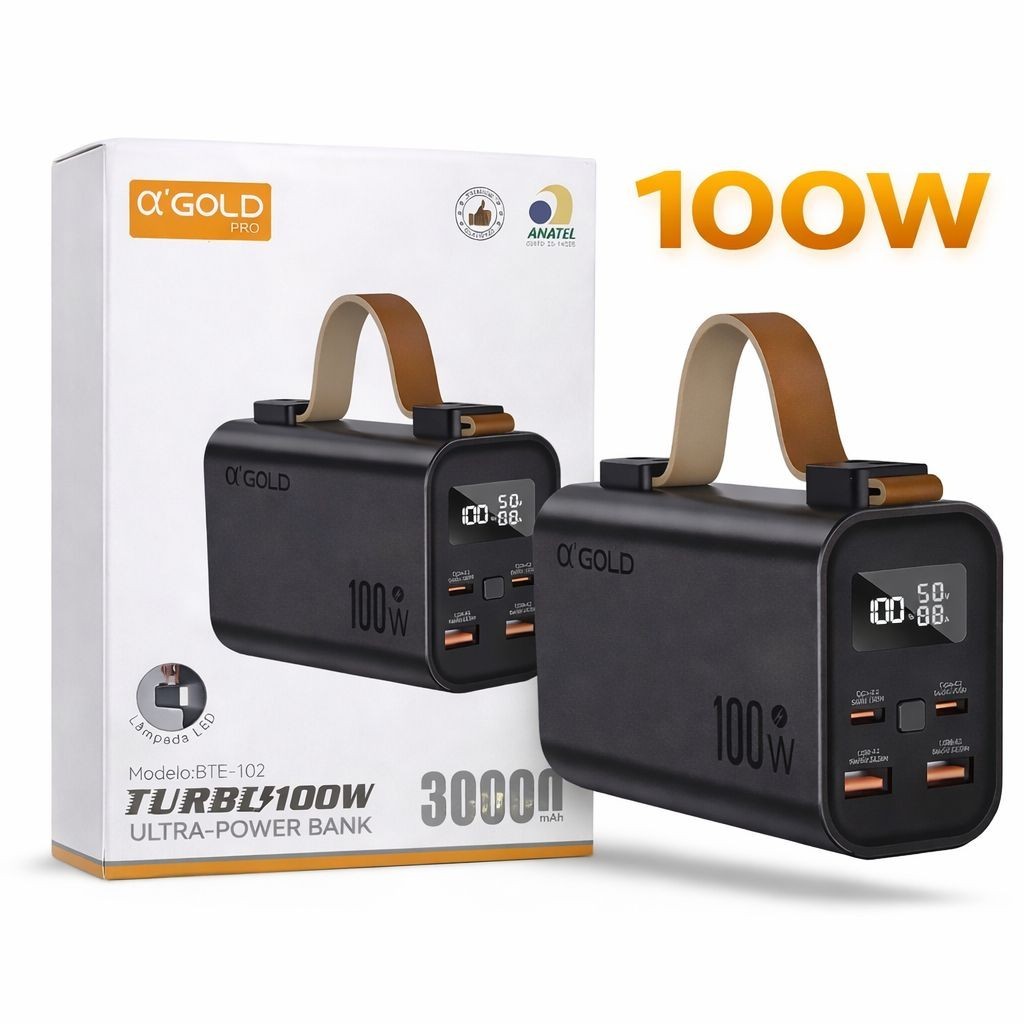 Carregador Portátil Power Bank Turbo PD 100W Bateria 30000Mah Com Visor Lanterna Starlink Notebook