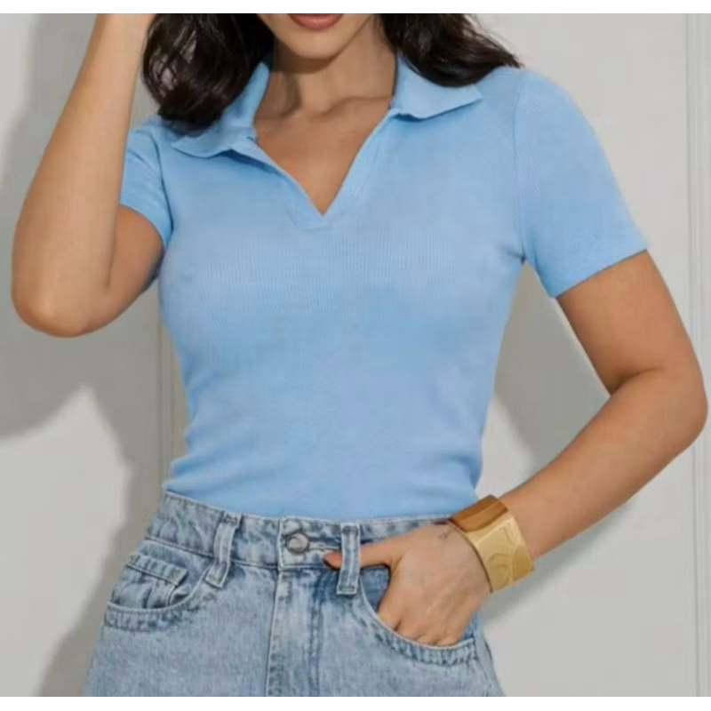 BLUSA GOLA POLO MODA FEMININA BÁSICO CAMISA BLUSINHA CASUAL SOCIAL TRABALHO RIBANA ALGODÃO MANGUINHA VERÃO DIA A DIA