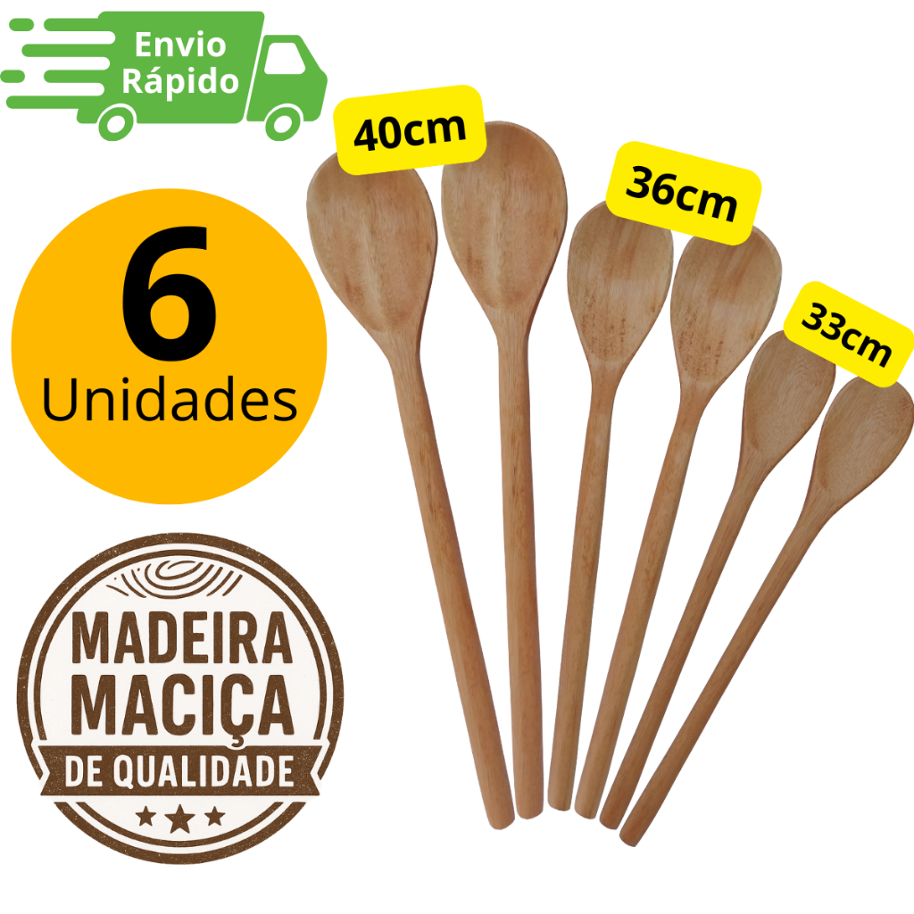 Kit 6 Colher de Pau Reforçada Madeira Resistente - 40cm 36cm 33cm Cozinha Culinária