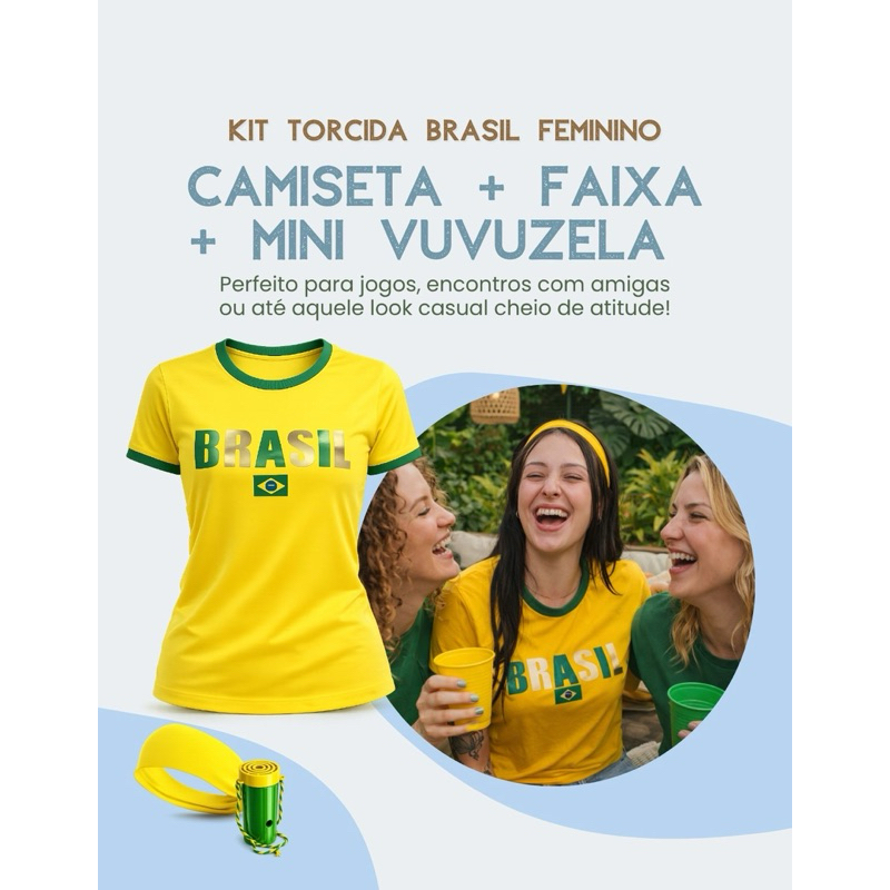 Camiseta Brasil Feminina Amarela Copa 2026 Dry Fit + Faixa e Vuvuzela Torcida Festa - Envio Rápido