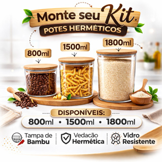 Potes de Vidro Tampa de Bambu Hermetico Premium Redondo Mantimentos Tempero Alimentos em Oferta na Shopee