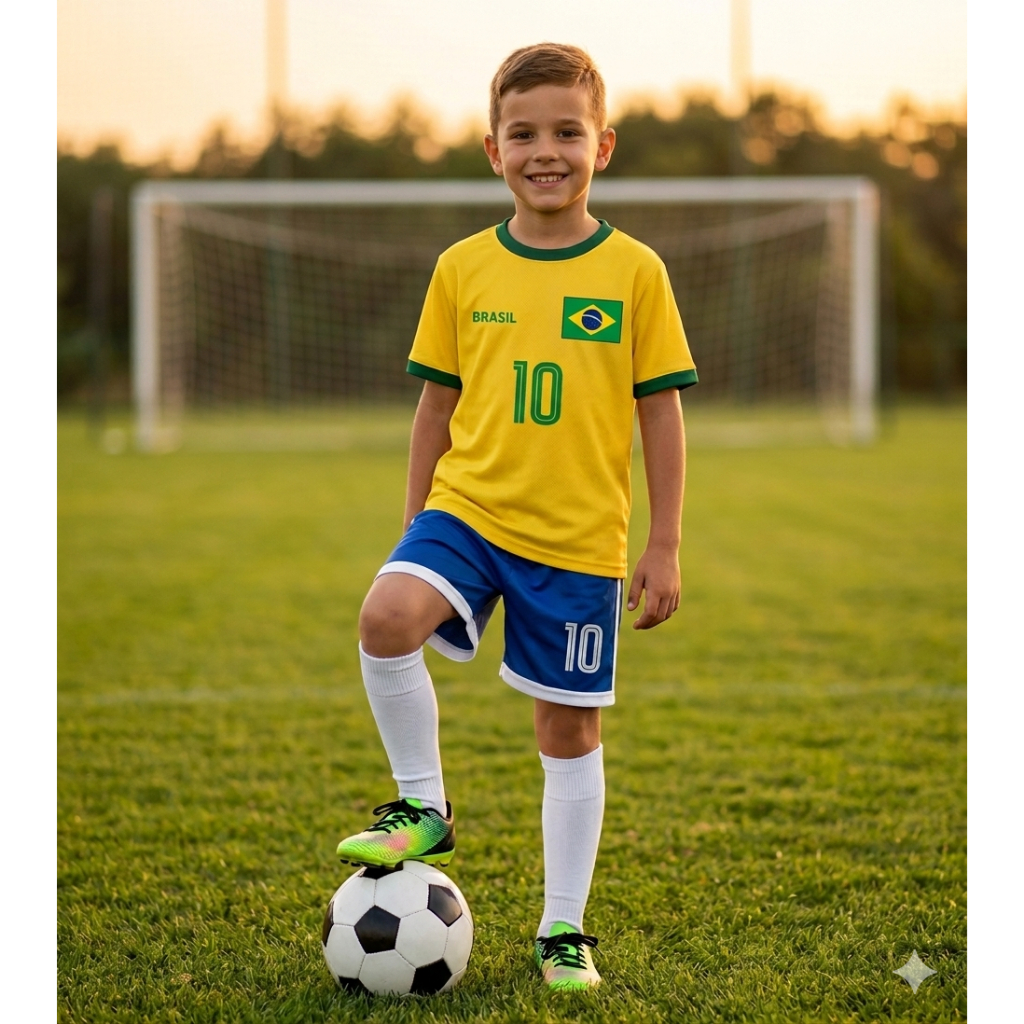 Conjunto Infantil Juvenil Unissex Camiseta e Shorts Brasil Amarelo Copa em Oferta na Shopee