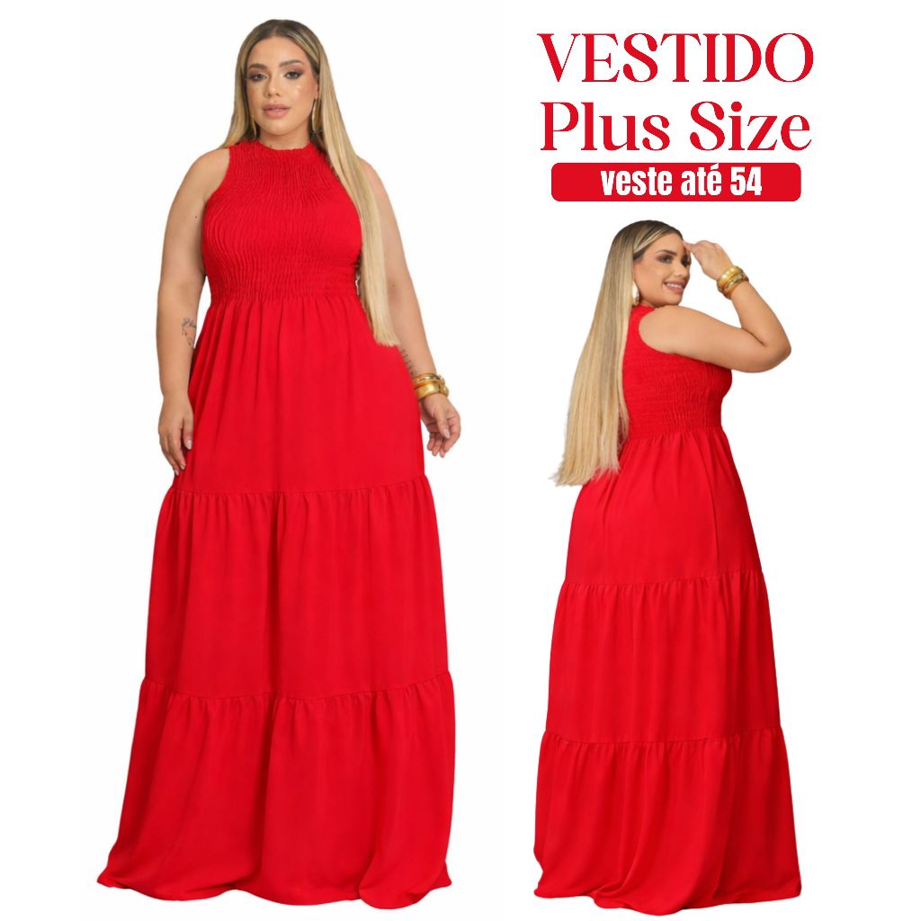 Vestido Plus Size Vermelho Cavado Elegante Longo Caimento Perfeito Moda Feminina em Oferta na Shopee