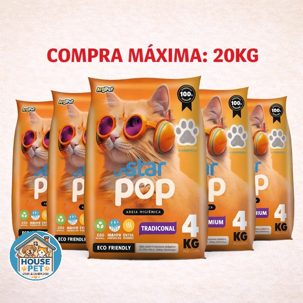 Areia Sanitária para Gato Star Pop Tradicional 20kg – Antiodor, Alta Absorção, Sem Cheiro