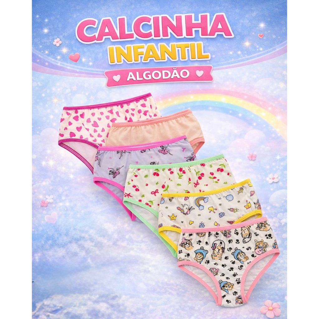 Kit Calcinha Infantil Algodão Estampada de 0 a 10 Anos Conforto Menina Criança