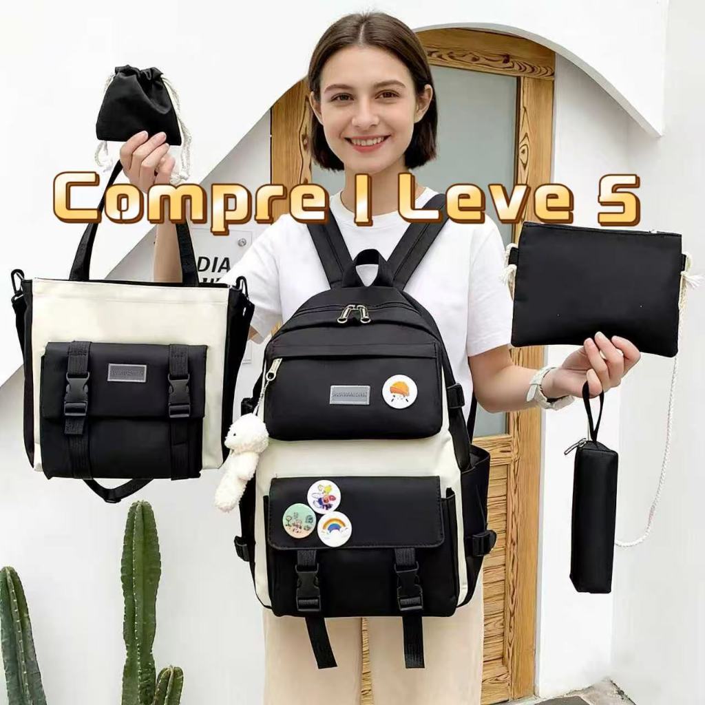Kit 5 Bolsas Mochila Feminina de Nylon Estilo Coreano Grande Capacidade Ideal para o Dia a Dia-Com um ursinho em Oferta na Shopee