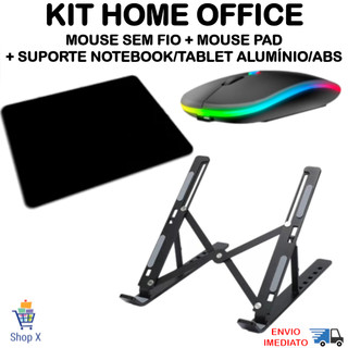 Kit Suporte de Notebook + Mouse Sem Fio Recarregável + Mousepad Suporte Alum./ABS Home Office