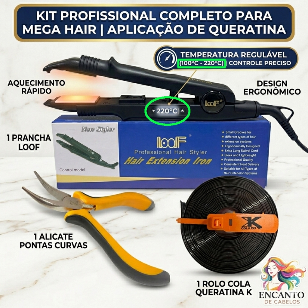 Kit Mega Hair Profissional Extensão Cabelo Prancha Loof Temperatura Ajustável Alicate Curvo Cola Queratina K