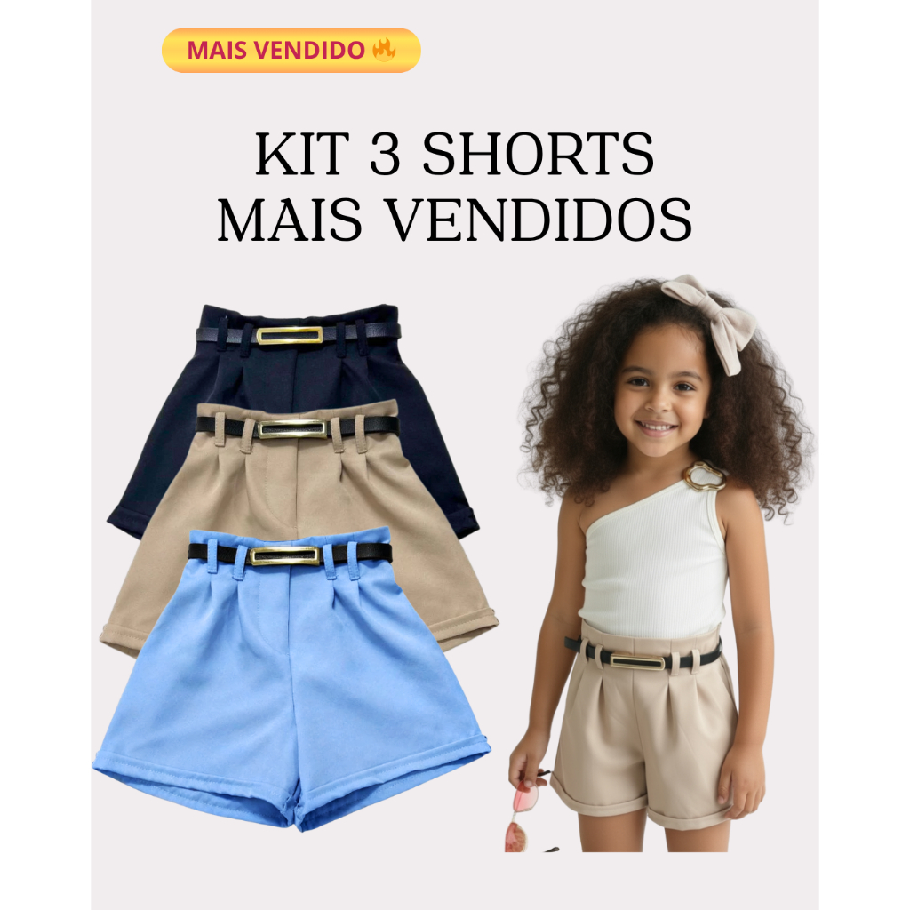 Kit 3 Shorts Infantil Alfaiataria Menina | Look Elegante Leve mais por Menos Tamanho 4 ao 16
