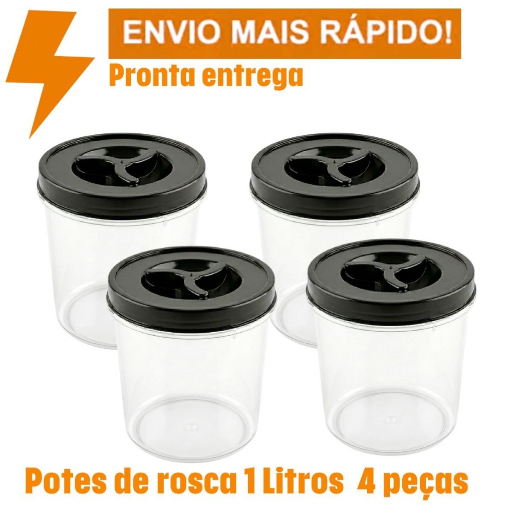 Kit 4 Potes Plásticos Porta Alimentos 1 Litro Tampa de Rosca organizador cozinha em Oferta na Shopee
