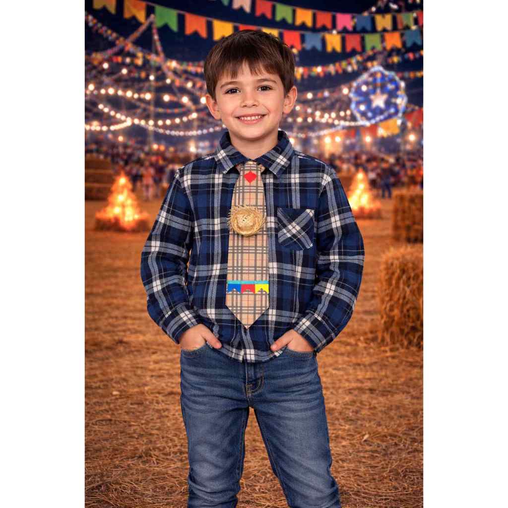 Camisa Xadrez Flanelada  Infantil Festa Junina com Gravata e Retalhos - Look Caipira Completo