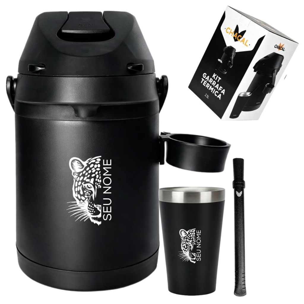 Kit Terere Chacal Garrafa Térmica Preta 2,5 Litros Suporte Copo Térmico 200ml Bomba Chacal