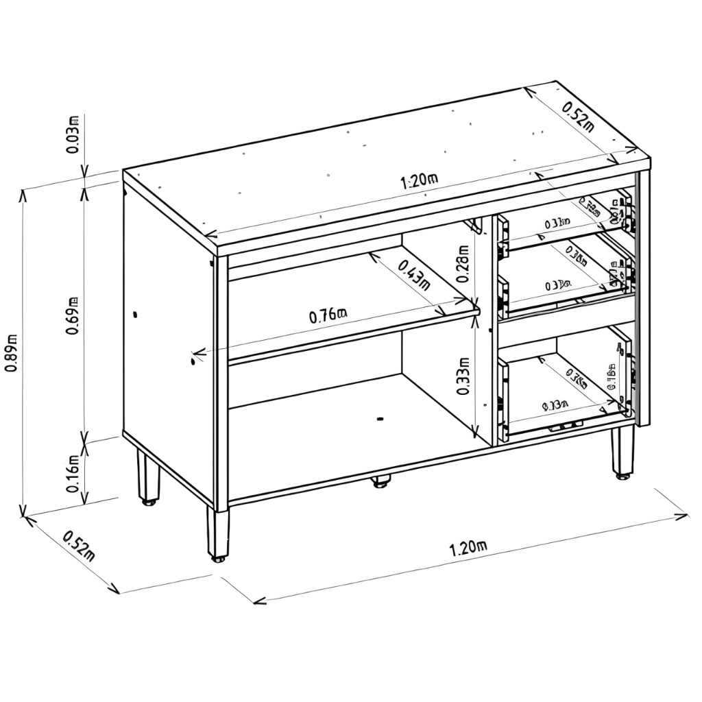Balcão Sem Tampo 2 Portas 3 Gavetas Allure Linea Brasil 120cm 100% MDF