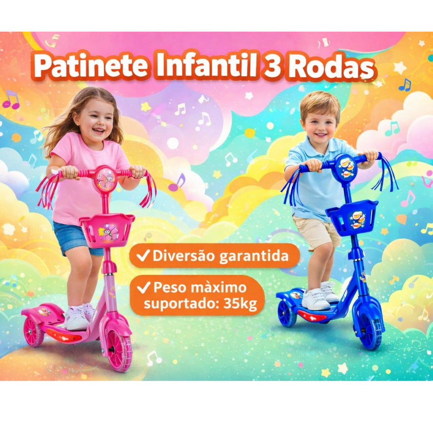 Patinete Infantil 3 Rodas com LED, Música, Cestinha – Regulável | Brinquedo Criança em Oferta na Shopee