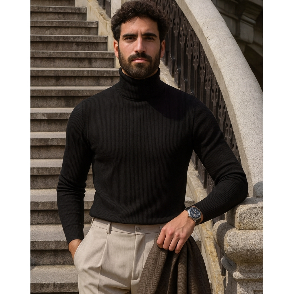 Blusa de Frio Gola Alta Manga Longa Canelada Algodão Cacharrel Masculina
